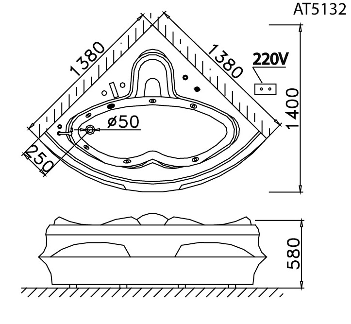 Bản vẽ kĩ thuật Bồn tắm CAESAR AT5132A góc xây 1.32M