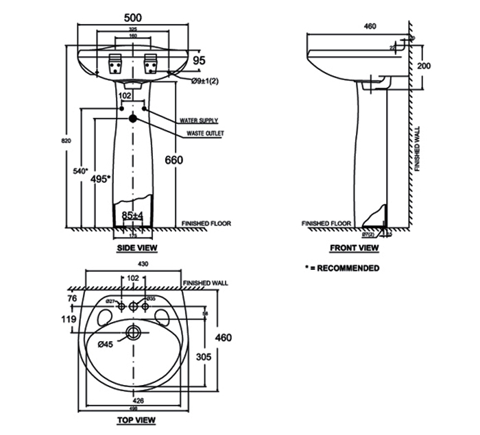 Bản vẽ kĩ thuật chậu lavabo American Standard VF-0969/VF-0901 Dòng Casablanca chân dài treo tường