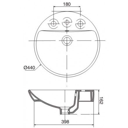 Bản vẽ kĩ thuật Chậu rửa mặt lavabo VIGLACERA V26 đặt bàn