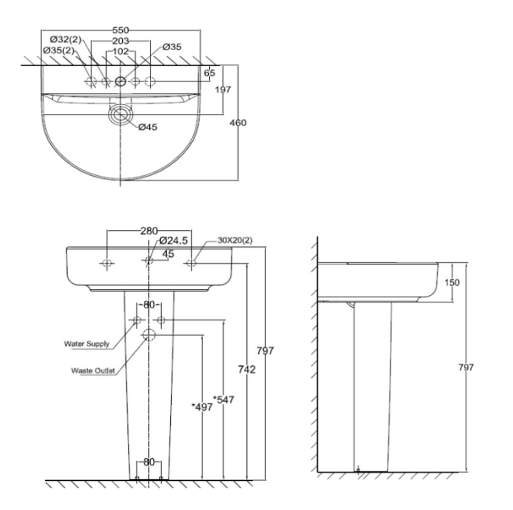 Bản vẽ kĩ thuật chậu lavabo American Standard 0553-WT/0742-WT Concept chân dài treo tường