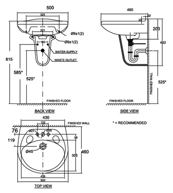 Bản vẽ kĩ thuật chậu lavabo American Standard WF-0969/VF-0912 Dòng Casablanca treo tường chân ngắn