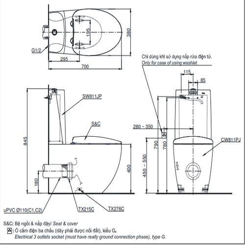 TOTO CW811PJWS SW811JPWF TX215C - Bồn cầu 2 khối nắp êm 2 thong so ky thuat ban cau toto cw811pjws sw811jpwf tx215c hai khoi