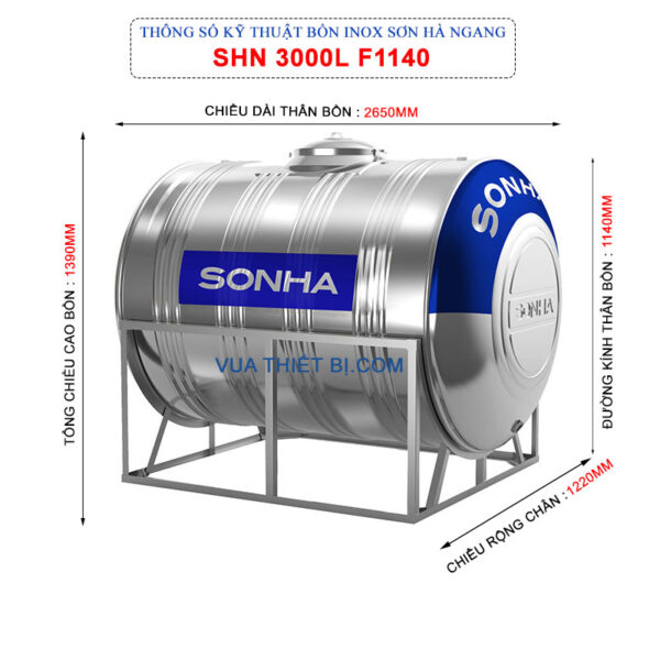 thong so ky thuat bon inox son ha 3000l ngang phi 1140