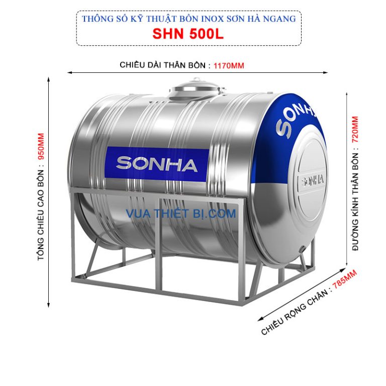 thong so ky thuat bon inox son ha 500l ngang phi 720
