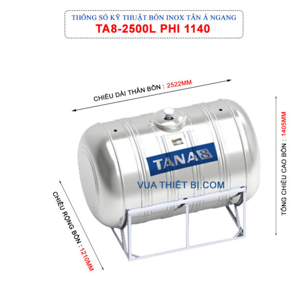 thong so ky thuat bon inox tan a ta8 2500l ngang phi 1140