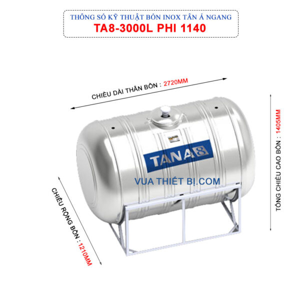 thong so ky thuat bon inox tan a ta8 3000l ngang phi 1140