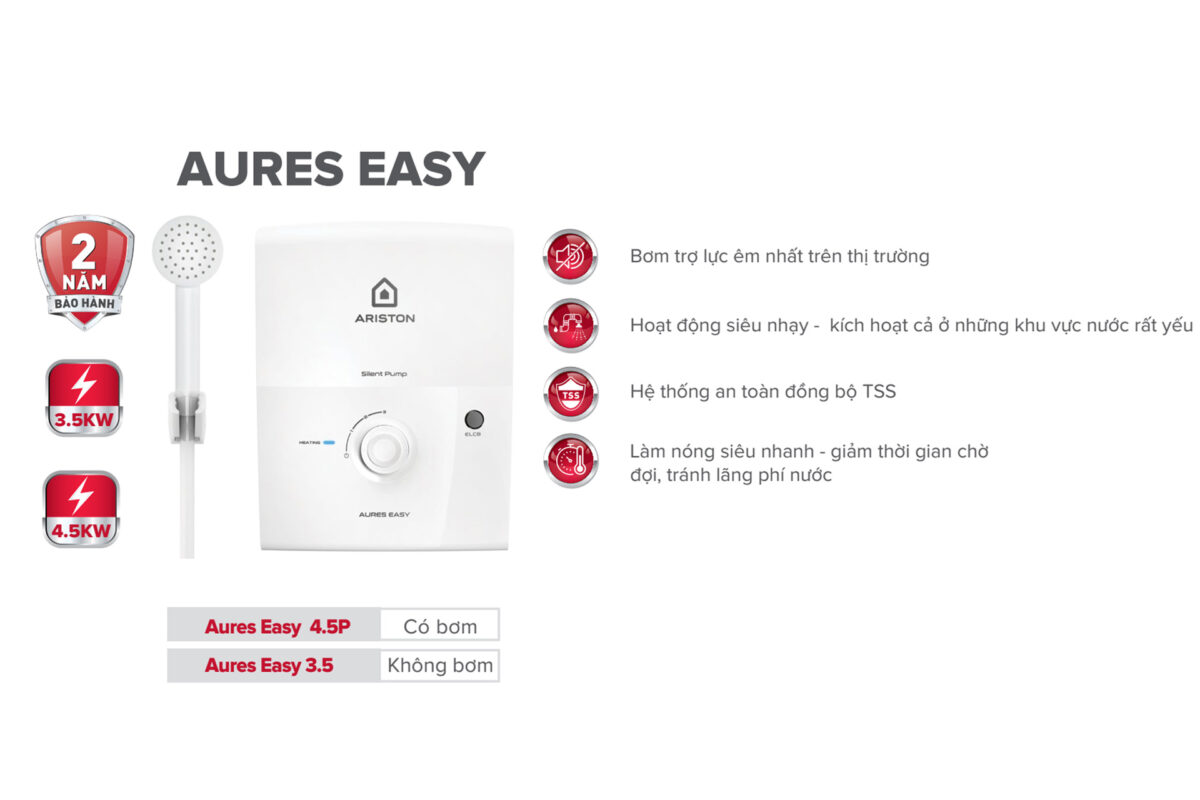 tinh nang May nuoc nong truc tiep ARISTON AURES EASY 3.5 khong bom 3500w