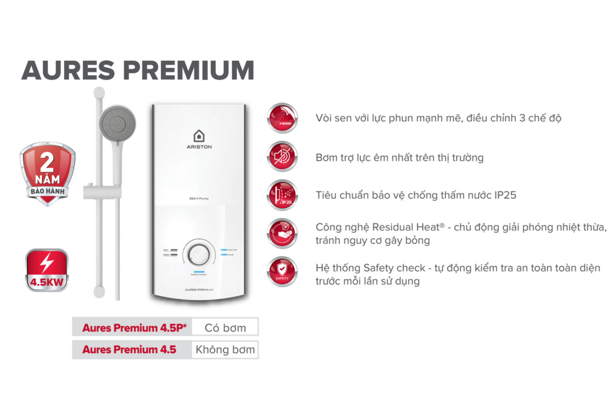 tinh nang May nuoc nong truc tiep ARISTON AURES PREMIUM 4.5P co bom 4500w