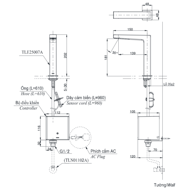 voi chau lavabo toto tle25007a cam ung co cao