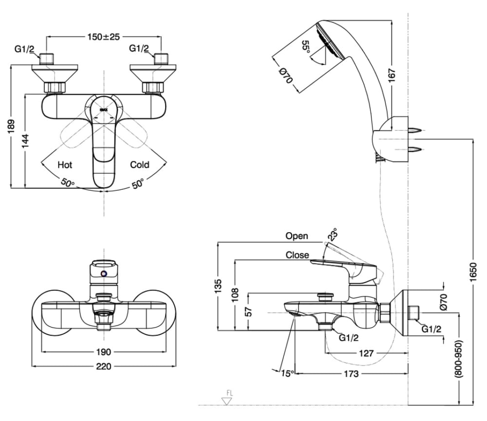 Bản vẽ kỹ thuật Vòi sen tắm INAX BFV-1403S-8C nóng lạnh