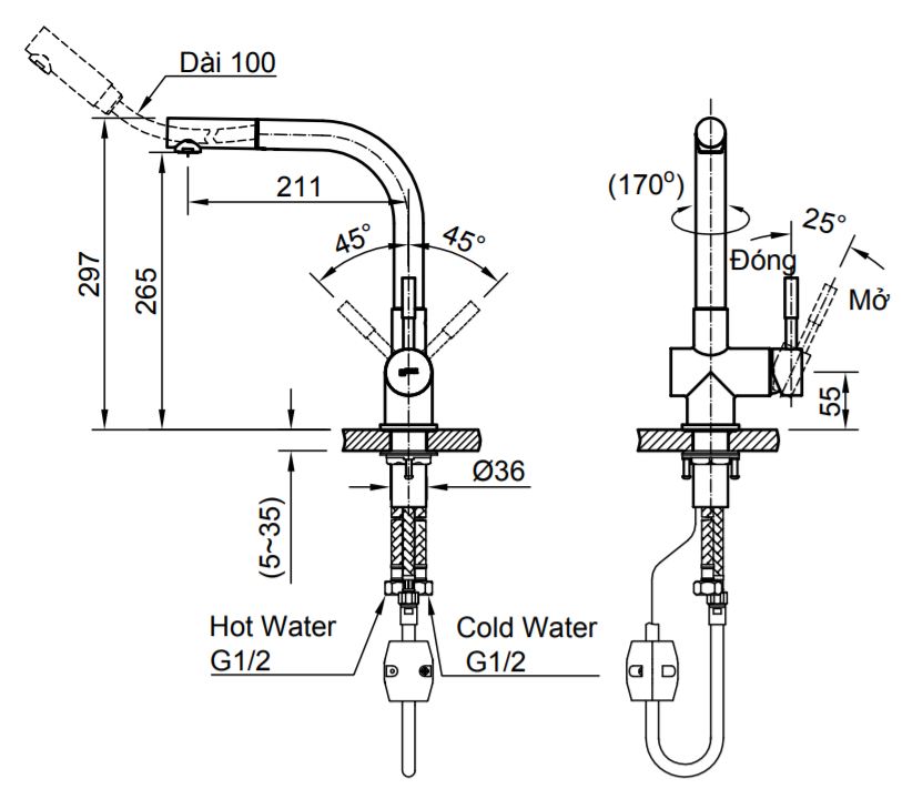 Bản vẽ kỹ thuật Vòi rửa bát INAX SFV-1013SX nóng lạnh rút dây