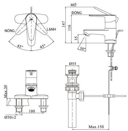 voi rua nong lanh inax lfv 1101s 1 lavabo 3 lo