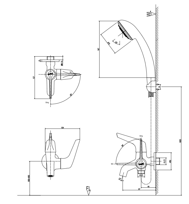 Bản vẽ kỹ thuật Vòi sen tắm INAX BFV-17-8C lạnh
