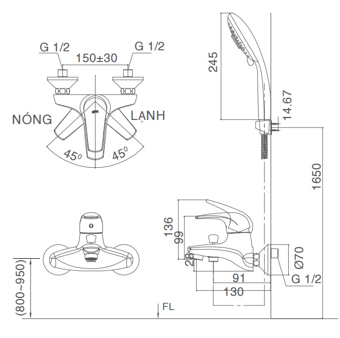 Bản vẽ kỹ thuật Vòi sen tắm INAX BFV-3003S-3C nóng lạnh