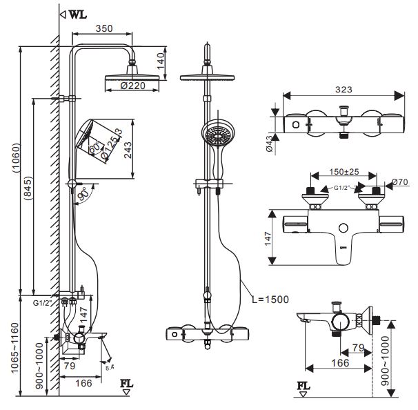 Bản vẽ kỹ thuật Vòi sen cây INAX BFV-3415T-8C nhiệt độ