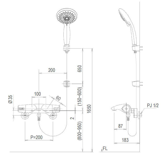 Bản vẽ kỹ thuật Vòi sen tắm INAX BFV-5103T-5C nóng lạnh