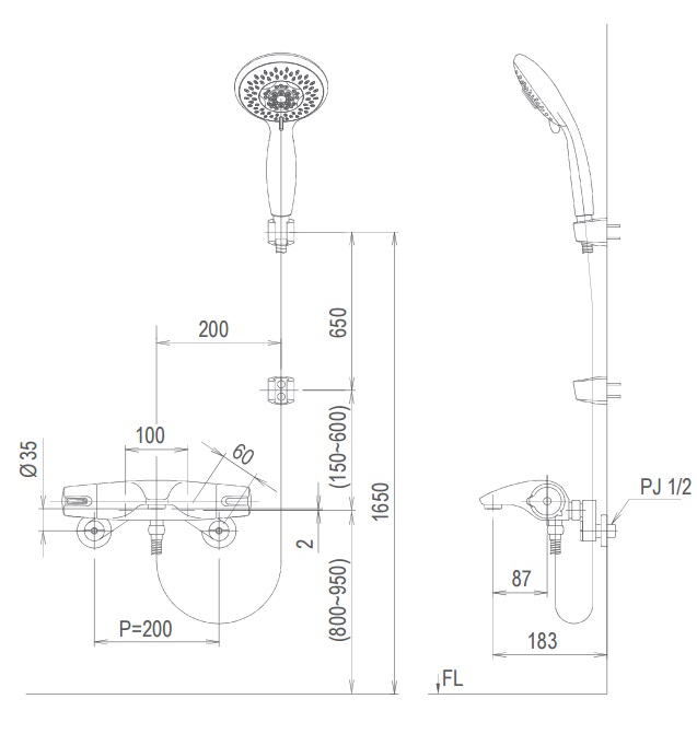Bản vẽ kỹ thuật Vòi sen tắm INAX BFV-5103T-3C nóng lạnh