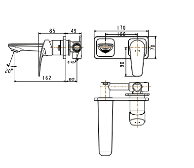 Bản vẽ kỹ thuật Vòi chậu lavabo American Standard WF-0904 dòng Milano gắn tường nóng lạnh