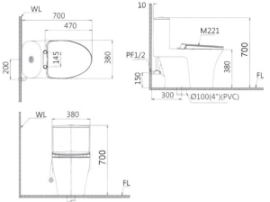 Bản vẽ bồn cầu 1 khối Caesar CD1395 nắp êm M221