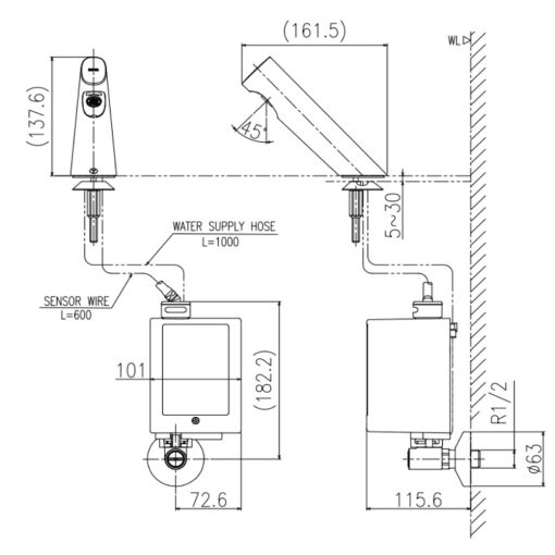 Bản vẽ kỹ thuật Vòi chậu lavabo INAX AMV-300 cảm ứng pin nước lạnh