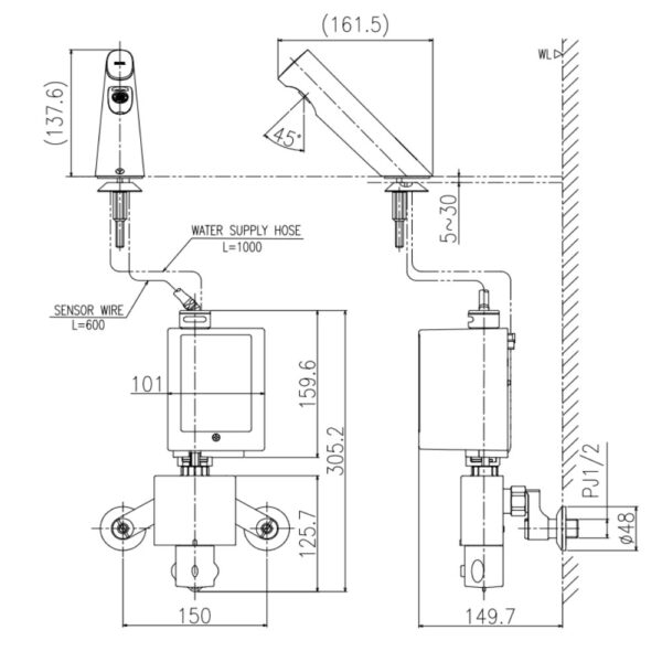 Bản vẽ kỹ thuật Vòi chậu lavabo INAX AMV-300K cảm ứng pin nóng lạnh