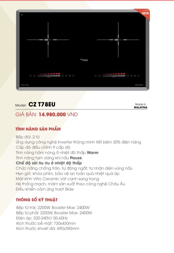 Thông số kỹ thuật bếp từ đôi Canzy CZ 78EU