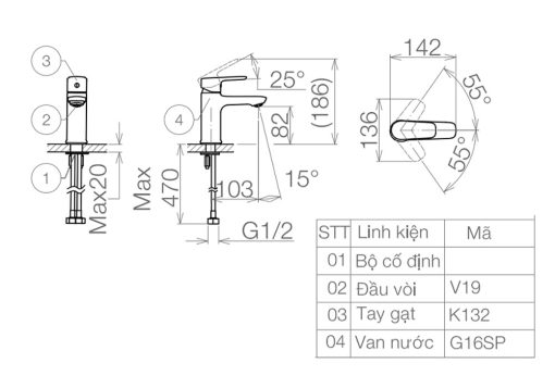 Bản vẽ kỹ thuật Vòi lavabo VIGLACERA VG132 nóng lạnh