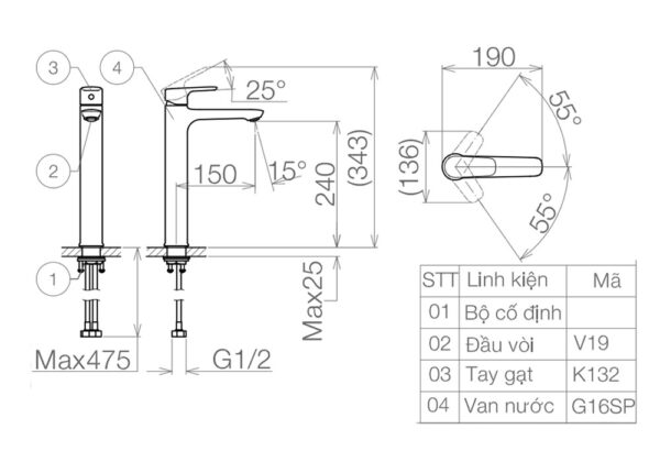 Bản vẽ kỹ thuật Vòi lavabo VIGLACERA VG132.1 cổ cao nóng lạnh