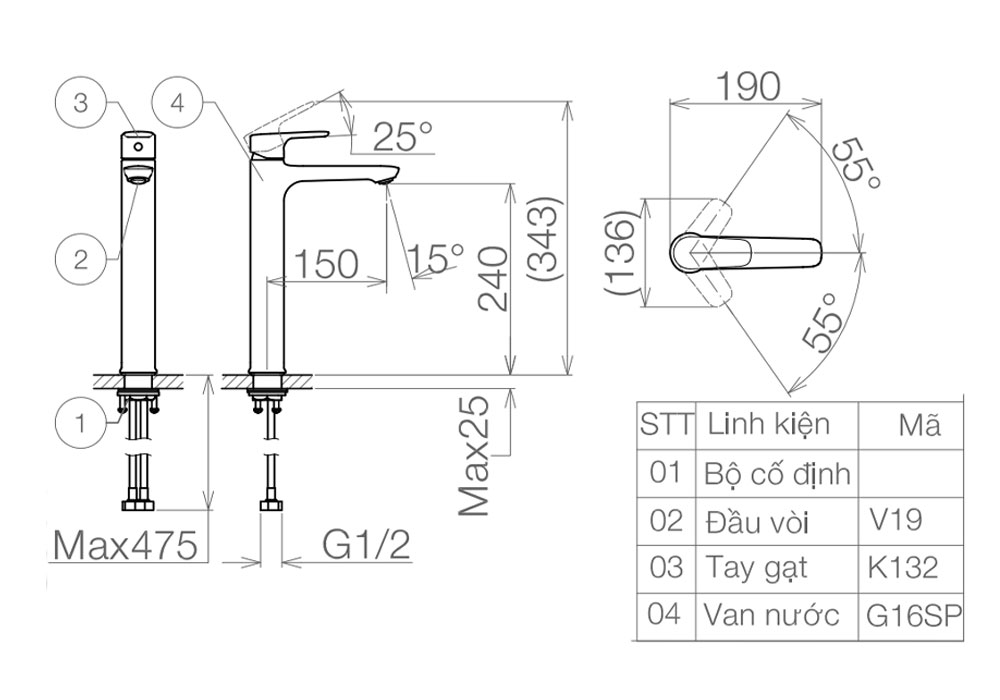Bản vẽ kỹ thuật Vòi lavabo VIGLACERA VG132.1 cổ cao nóng lạnh