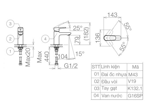 Bản vẽ kỹ thuật Vòi lavabo VIGLACERA VG132.2 nước lạnh