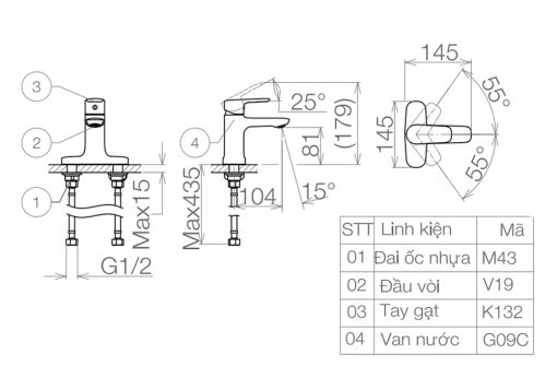 Bản vẽ kỹ thuật Vòi lavabo VIGLACERA VG332 nóng lạnh