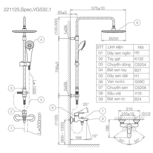 Bản vẽ kỹ thuật Vòi sen cây VIGLACERA VG532.1 nóng lạnh