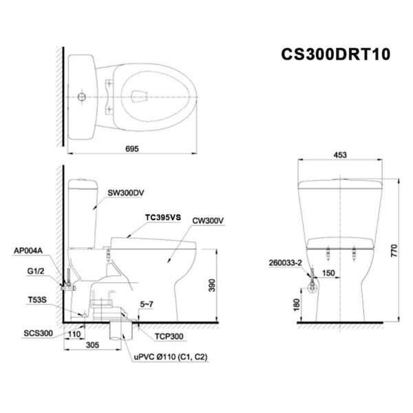 Bản-vẽ-kĩ-thuật-Bồn-cầu-2-khối-TOTO-CS300DRT10-nắp-êm-TC395VS 1