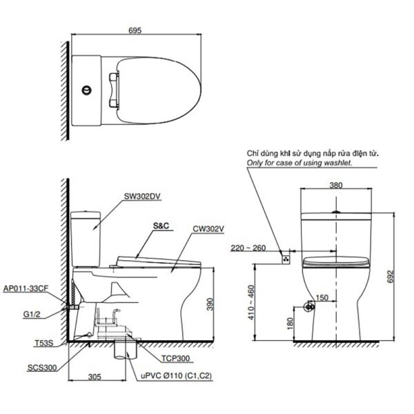 Bản vẽ kĩ thuật Bồn cầu thông minh TOTO CS302DW14#W nắp rửa điện tử TCF24410AAA