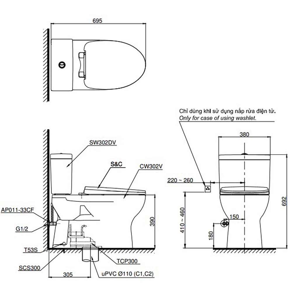 Bản vẽ kĩ thuật Bồn cầu thông minh TOTO CS302DW16#W nắp rửa điện tử TCF23410AAA