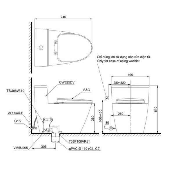 Bản vẽ kĩ thuật Bồn cầu thông minh TOTO MS625DE4#XW nắp rửa cơ TCW1211A
