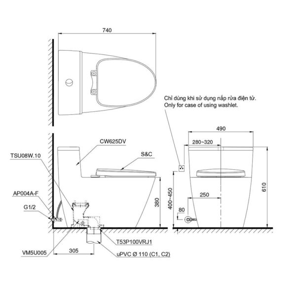 Bản vẽ kĩ thuật Bồn cầu thông minh TOTO MS625DW16#XW nắp rửa thông minh TCF23410AAA