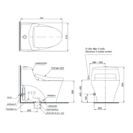 Bản vẽ kĩ thuật Bồn cầu thông minh TOTO MS823CDRW12#XW nắp rửa điện tử TCF4911EZ