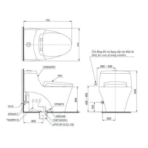 Bản vẽ kĩ thuật Bồn cầu thông minh TOTO MS823DRE2#XW nắp rửa cơ TCW07S