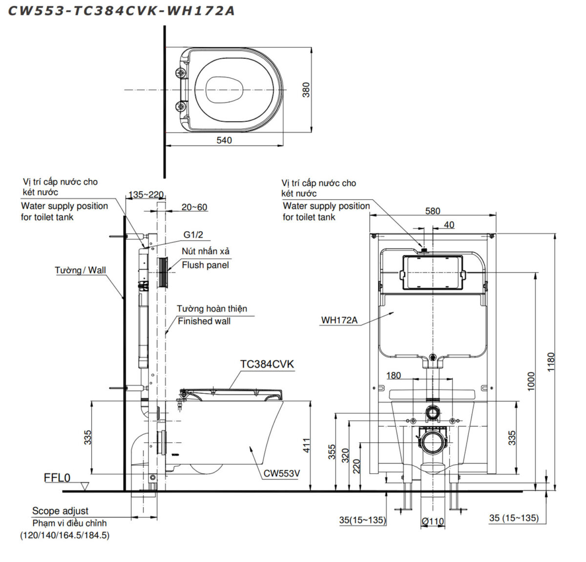 Bồn cầu treo tường TOTO CW553 TC384CVK WH172A MB170P#SS nắp êm - Ảnh 2