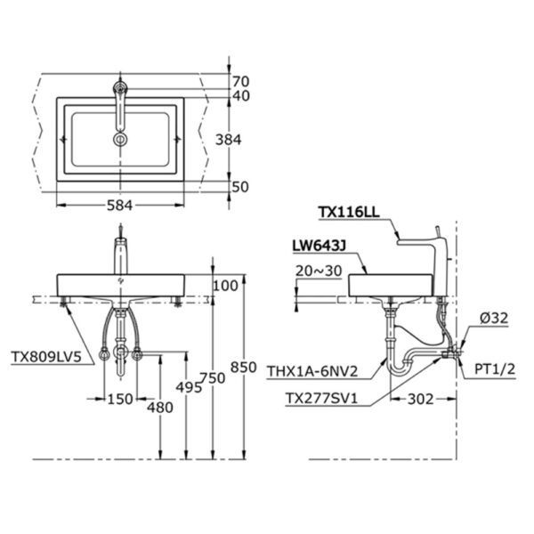 Bản-vẽ-kĩ-thuật-chậu-lavabo-TOTO-LW643JW-F-đặt-bàn
