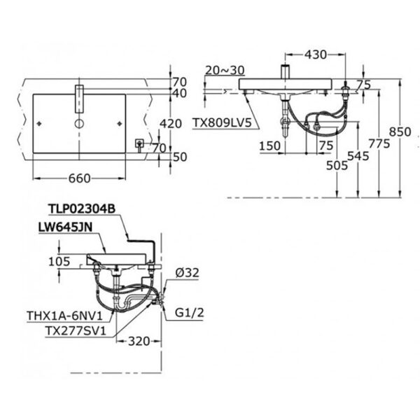 Bản vẽ kĩ thuật chậu lavabo TOTO LW645JNW F đặt bàn