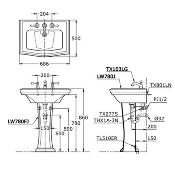 Bản vẽ kĩ thuật chậu lavabo TOTO LW780J LW780FJ TX801LN TL510ERR treo tường