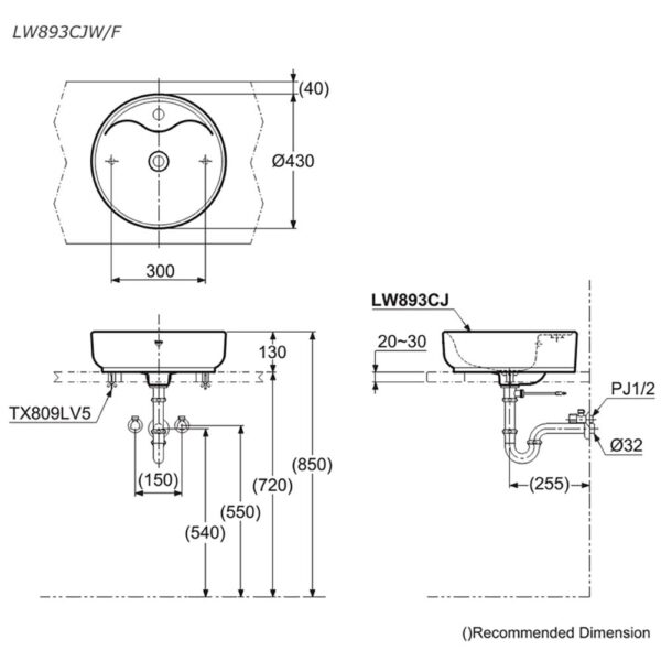Bản vẽ kĩ thuật chậu lavabo TOTO LW893CJW F đặt bàn