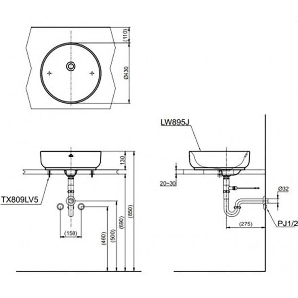 Bản vẽ kĩ thuật chậu lavabo TOTO LW895JW/F đặt bàn