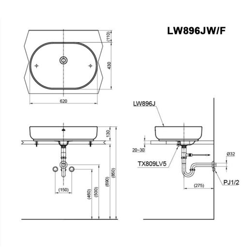 Bản-vẽ-kĩ-thuật-chậu-lavabo-TOTO-LW896JW-F-đặt-bàn