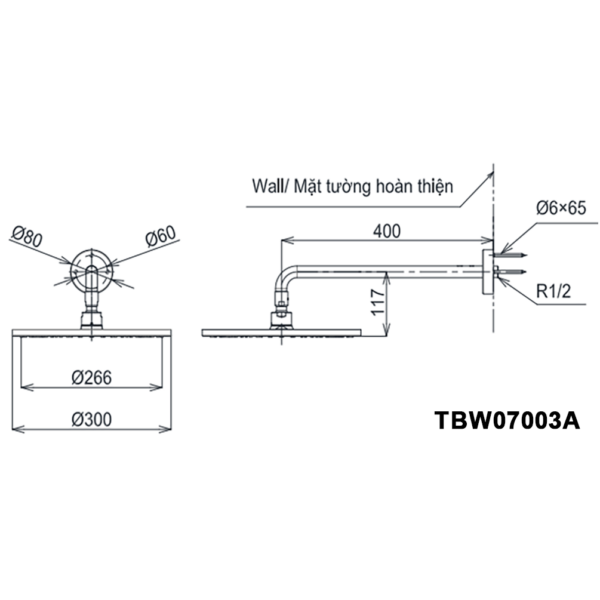 Bản vẽ kỹ thuật Bát sen âm tường TOTO TBW07003A gắn tường