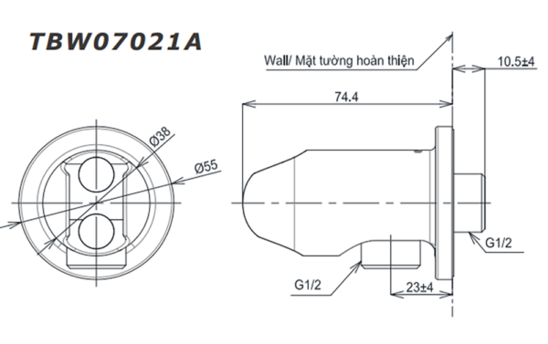 Bản vẽ kỹ thuật Cút nối TOTO TBW07021A kèm gác sen âm tường