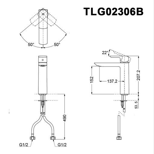 Bản vẽ kỹ thuật Vòi lavabo TOTO TLG02306B nóng lạnh cổ cao