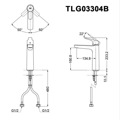 Bản vẽ kỹ thuật Vòi lavabo TOTO TLG03304B nóng lạnh cổ cao